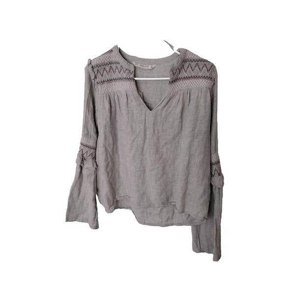 Zara Basic Gray  Taupe Embroidered Smocked Boho Blouse Bell Sleeve Style Sz Sm - Picture 5 of 10